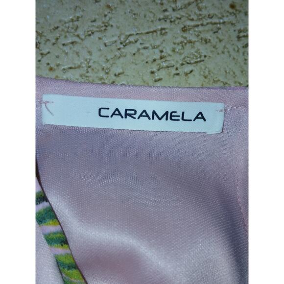 Caramella Dress Womens Medium Pink Teal Palm Leaf Print Sleeveless Halter Neck - Picture 6 of 7